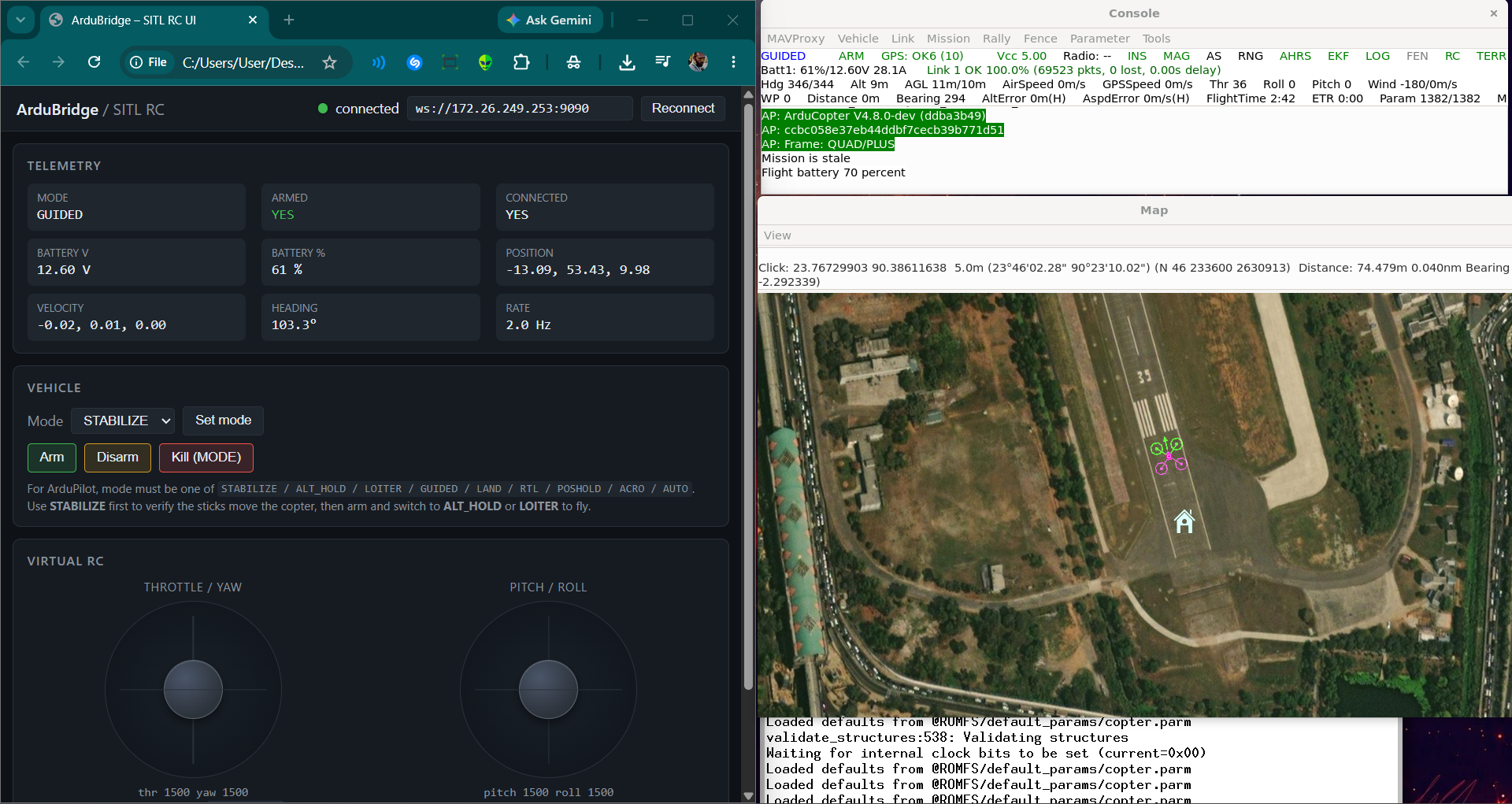 Unity view of the drone digital twin with ArduPilot telemetry